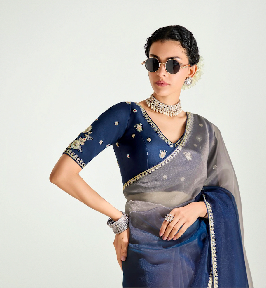 Matrut | Swish Blush Blue-Grey Saree
