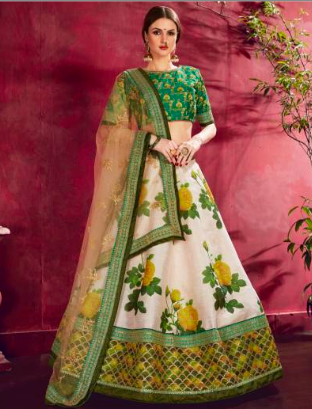 Matrut | Carnations Cream-Green Lehenga