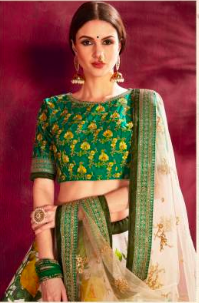 Matrut | Carnations Cream-Green Lehenga