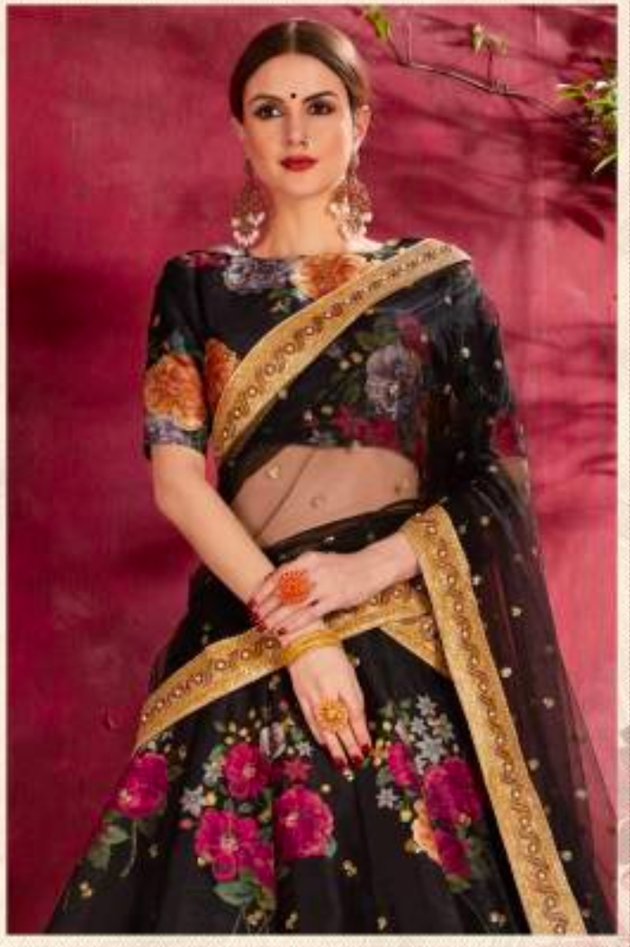 Matrut | Carnations Black Multicolor Lehenga