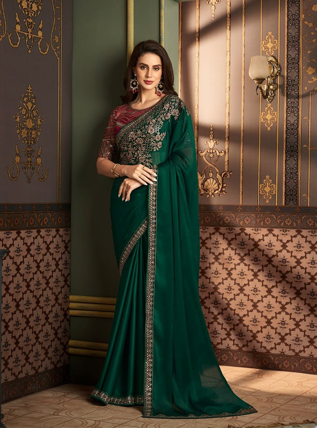 Matrut | Rooh Maroon-Green Saree