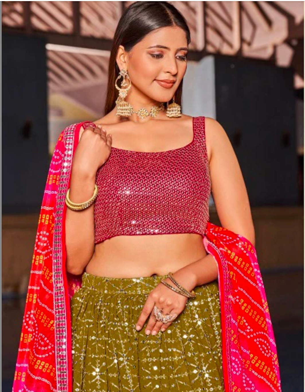 Matrut | Golden Palm Mehendi Green Lehenga
