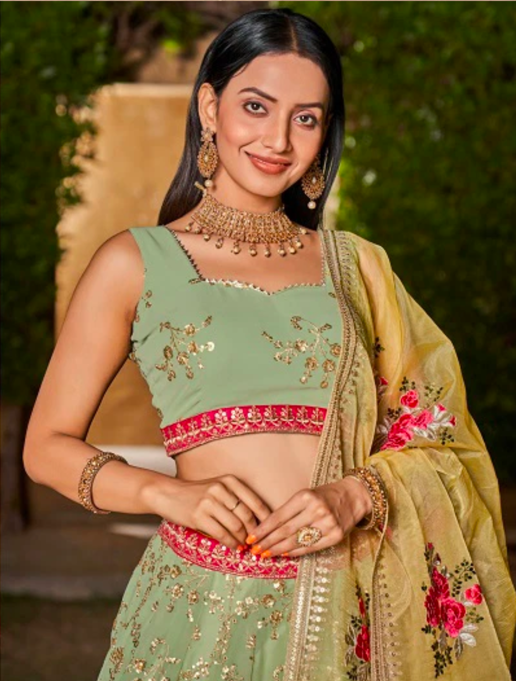 Matrut | Golden Palm Pista Green Lehenga