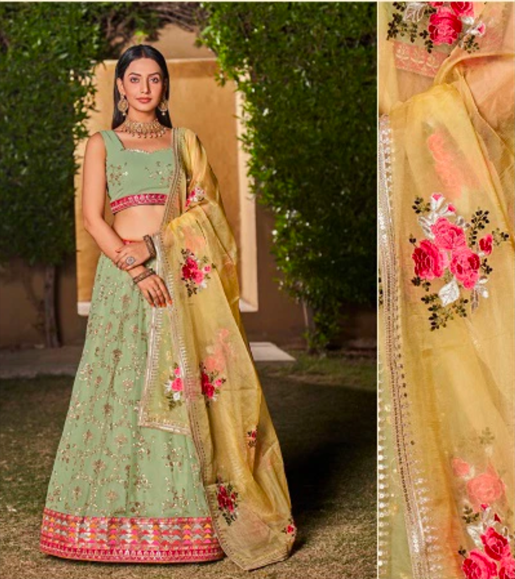 Matrut | Golden Palm Pista Green Lehenga