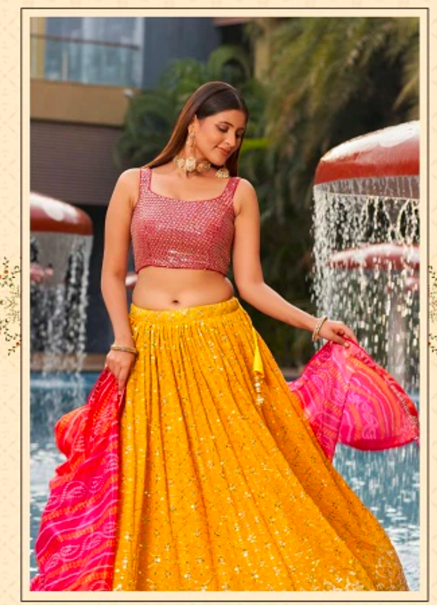 Matrut | Golden Palm Yellow-Pink Lehenga