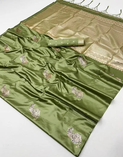 Tigress Green Satin Silk Saree