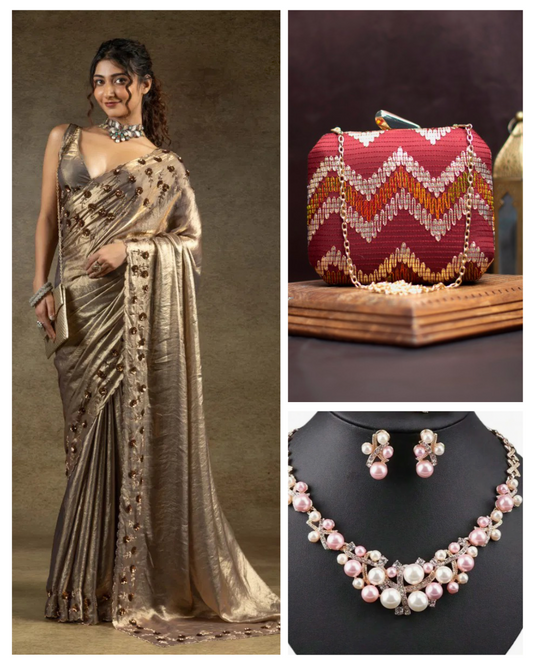 On rent - FULL SET | Metallic Soft Gold Saree
