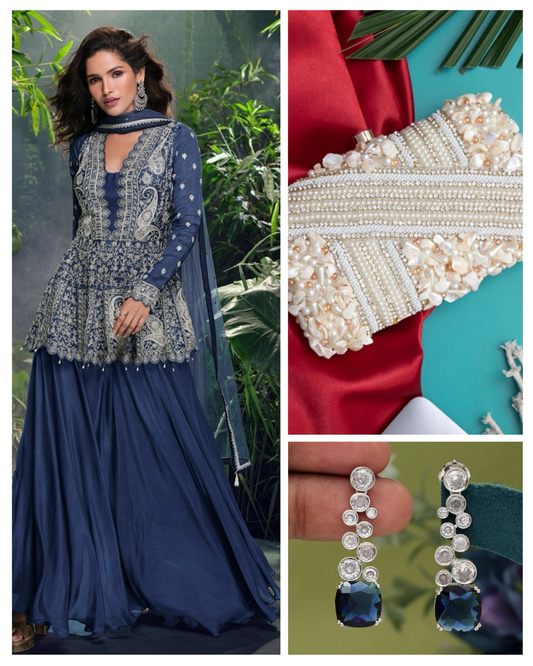 On rent - FULL SET | Signature Cool Blue Sharara Suit