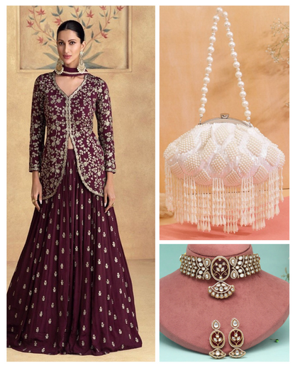 On rent - Matrut | Kalyani Alfaaz Maroon Lehenga Set