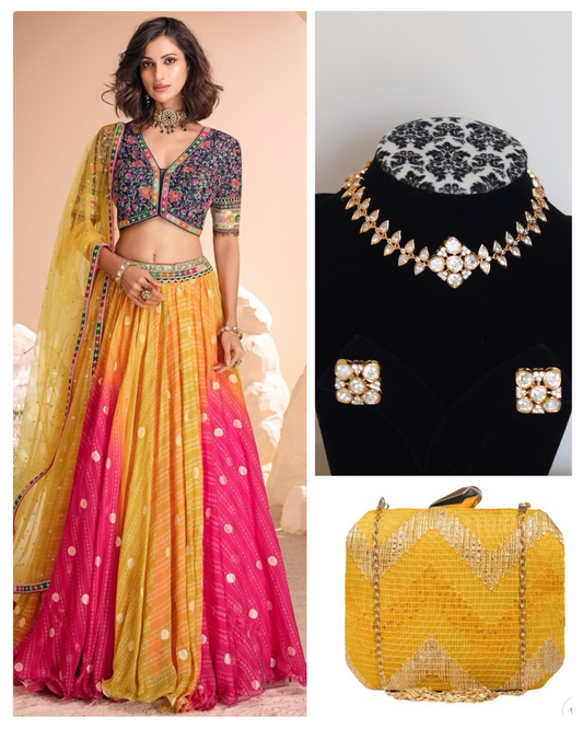 On rent - FULL SET | Spring Serenade Pink-Yellow Lehenga Set