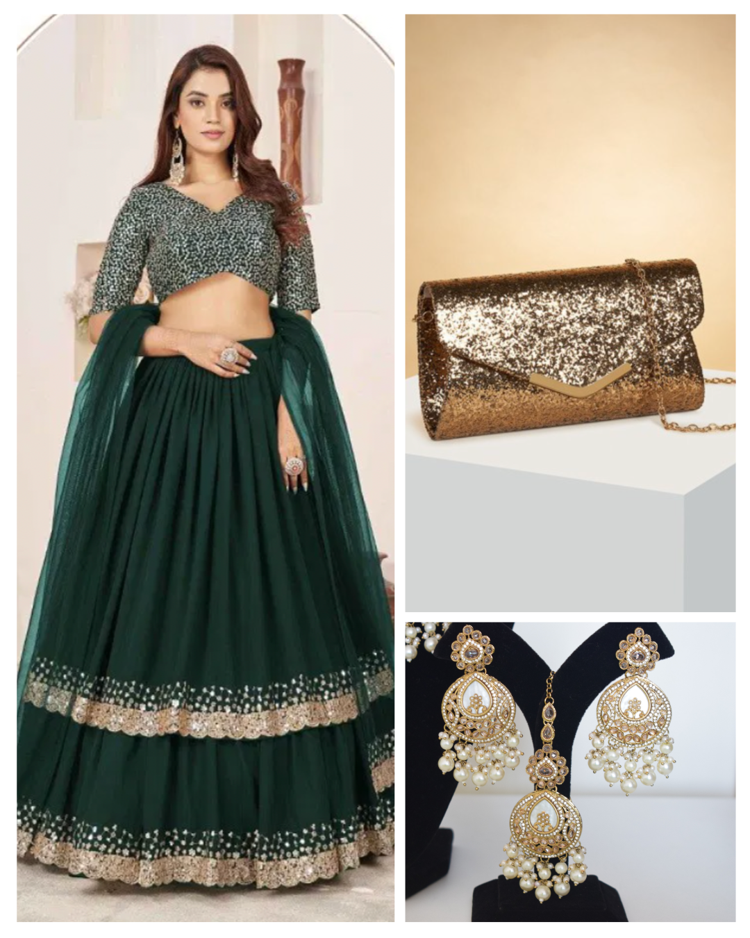 On rent - FULL SET | Sunehri Green Lehenga Set