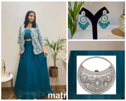 Embroidered Jacket Blue Lehenga - FULL STYLE SET | On-rent