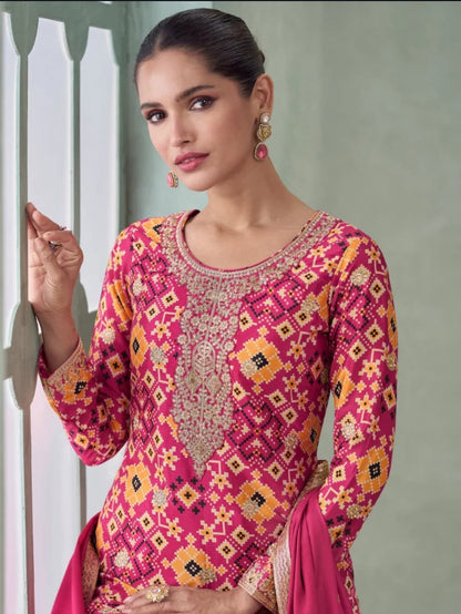 Matrut  | Mahira Pink Multicolor Palazzo Suit