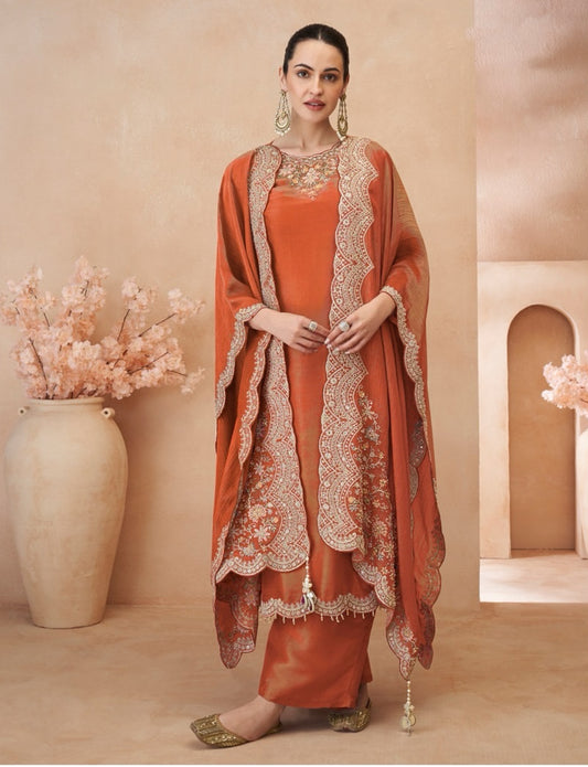 Matrut | Kalash Orange Cape Straight Suit