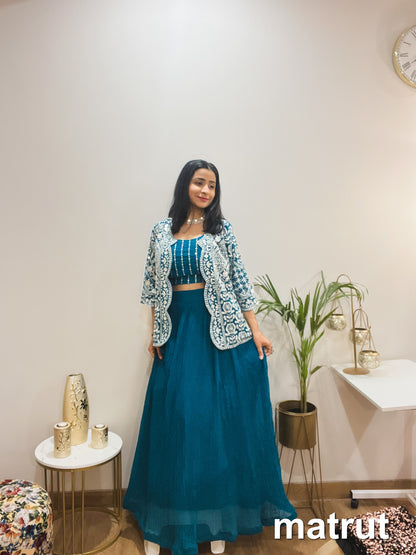 Embroidered Jacket Blue Lehenga - FULL STYLE SET | On-rent