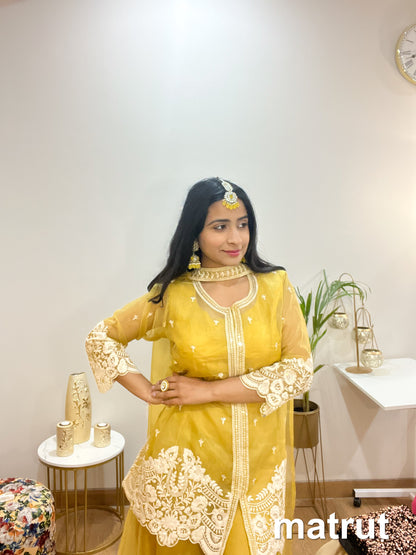 Organza Yellow Sharara Suit - FULL STYLE SET | On-rent