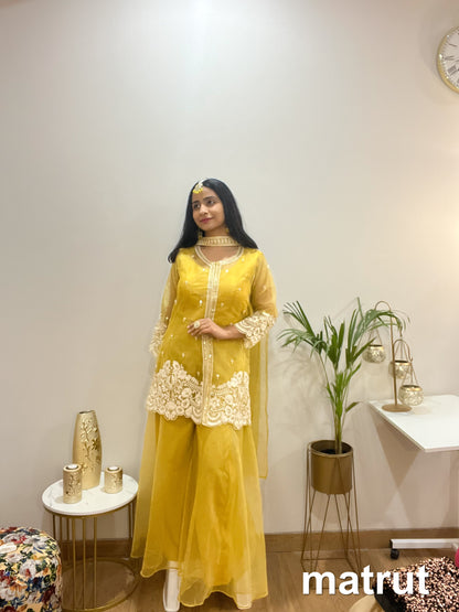 Organza Yellow Sharara Suit - FULL STYLE SET | On-rent