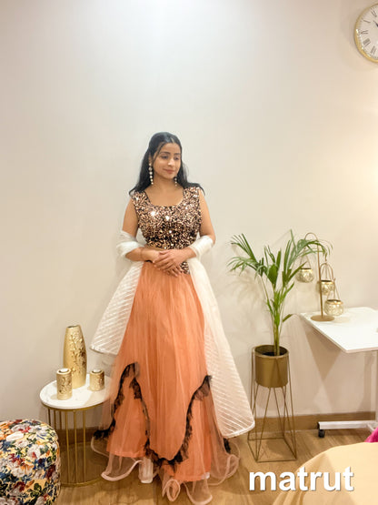 Sequin Peach Lehenga - FULL STYLE SET | On-rent