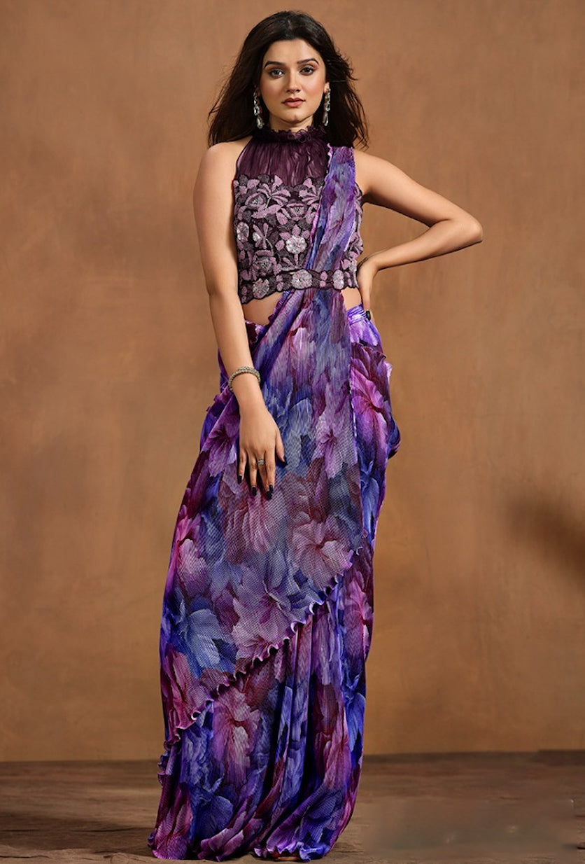 Matrut  | 1 min Saree Purple Floral Fusion