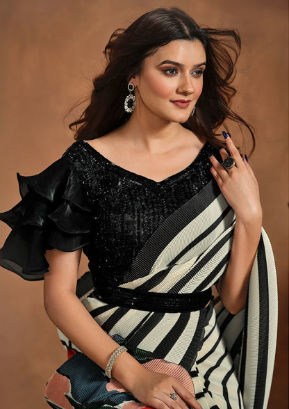 Matrut  | 1 min Saree Black Stripes Fusion