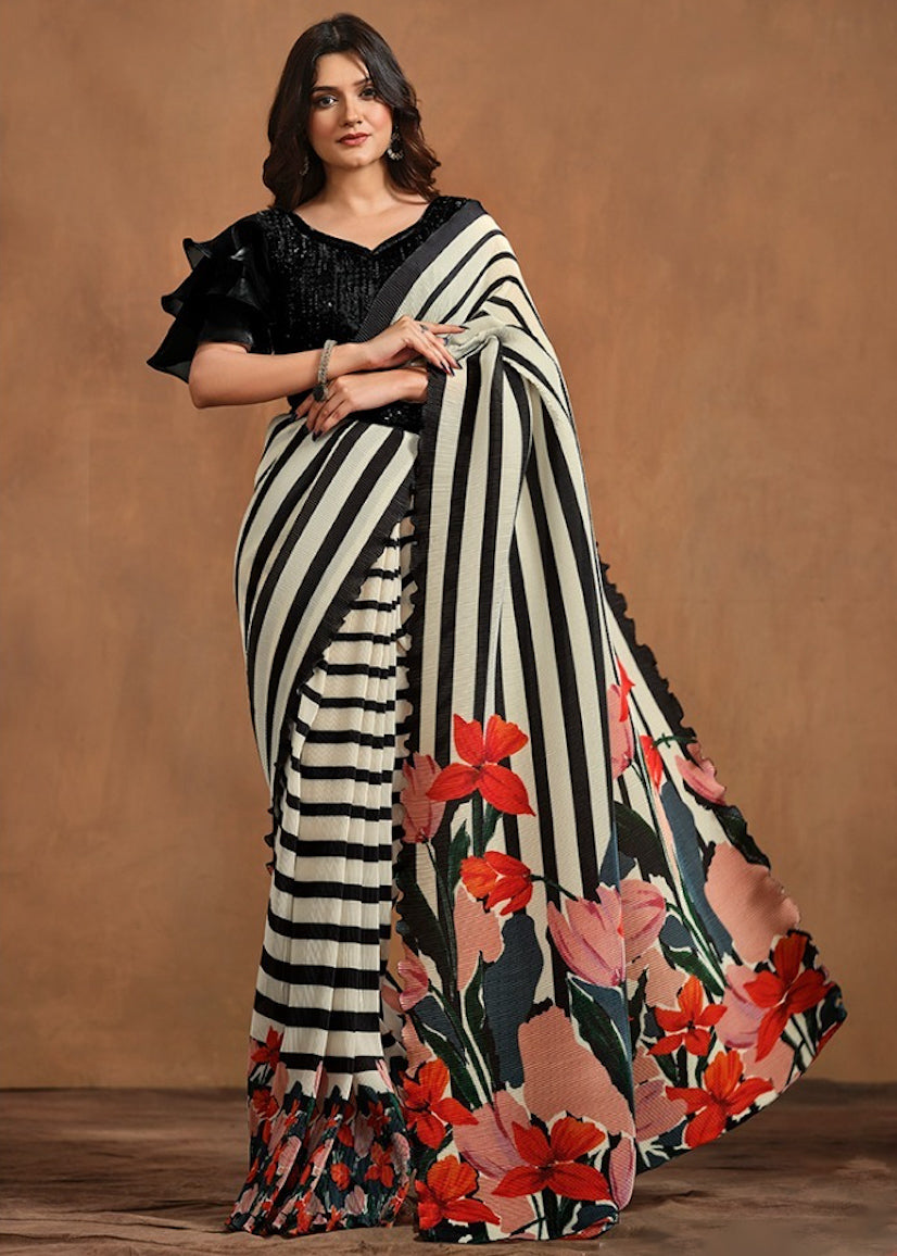 Matrut  | 1 min Saree Black Stripes Fusion