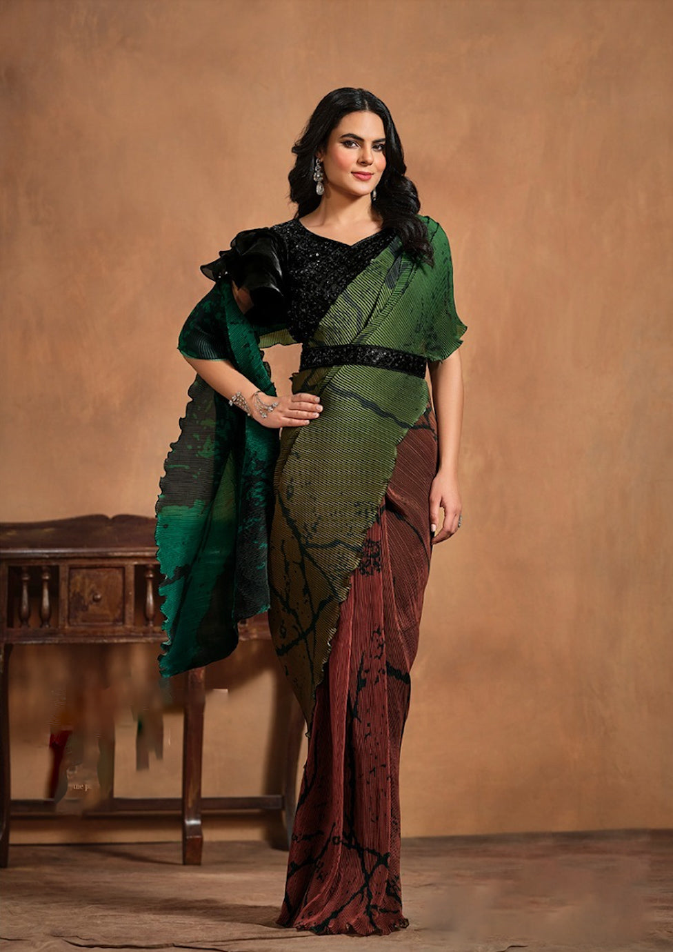 Matrut  | 1 min Saree Green & Brown Fusion (