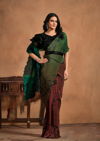 Matrut  | 1 min Saree Green & Brown Fusion (