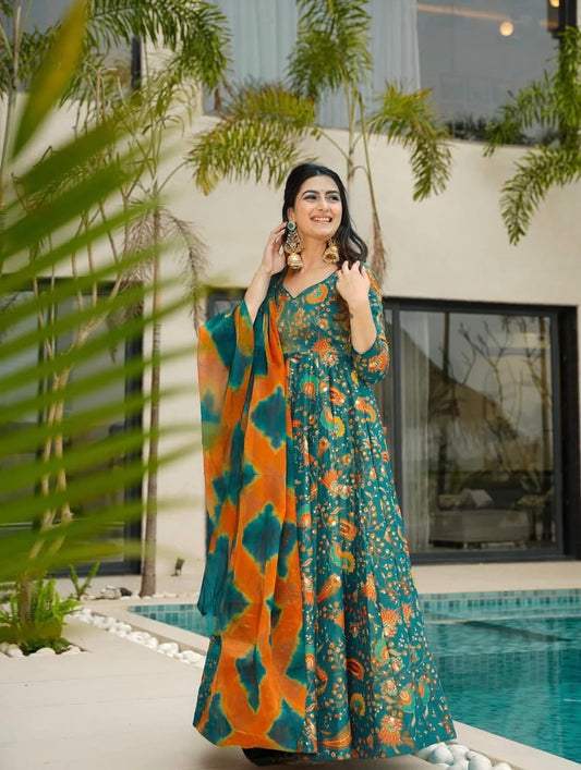 Gulnoor Teal Blue Anarakali Gown