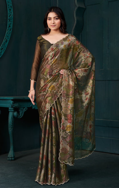 Matrut | Two Tone Floral Olive Green Saree