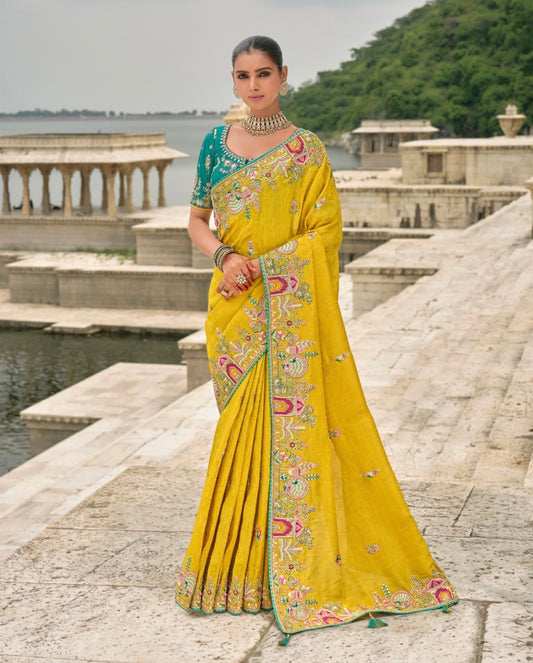 Matrut |  Crown Weaves Mustard-Ferozi Saree