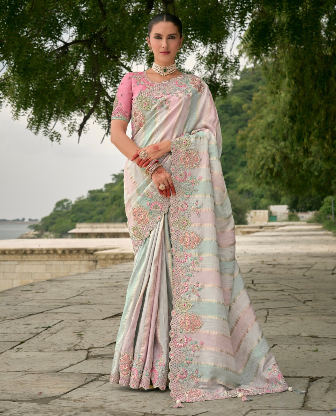 Matrut |  Crown Weaves Powder Pink-blue Saree