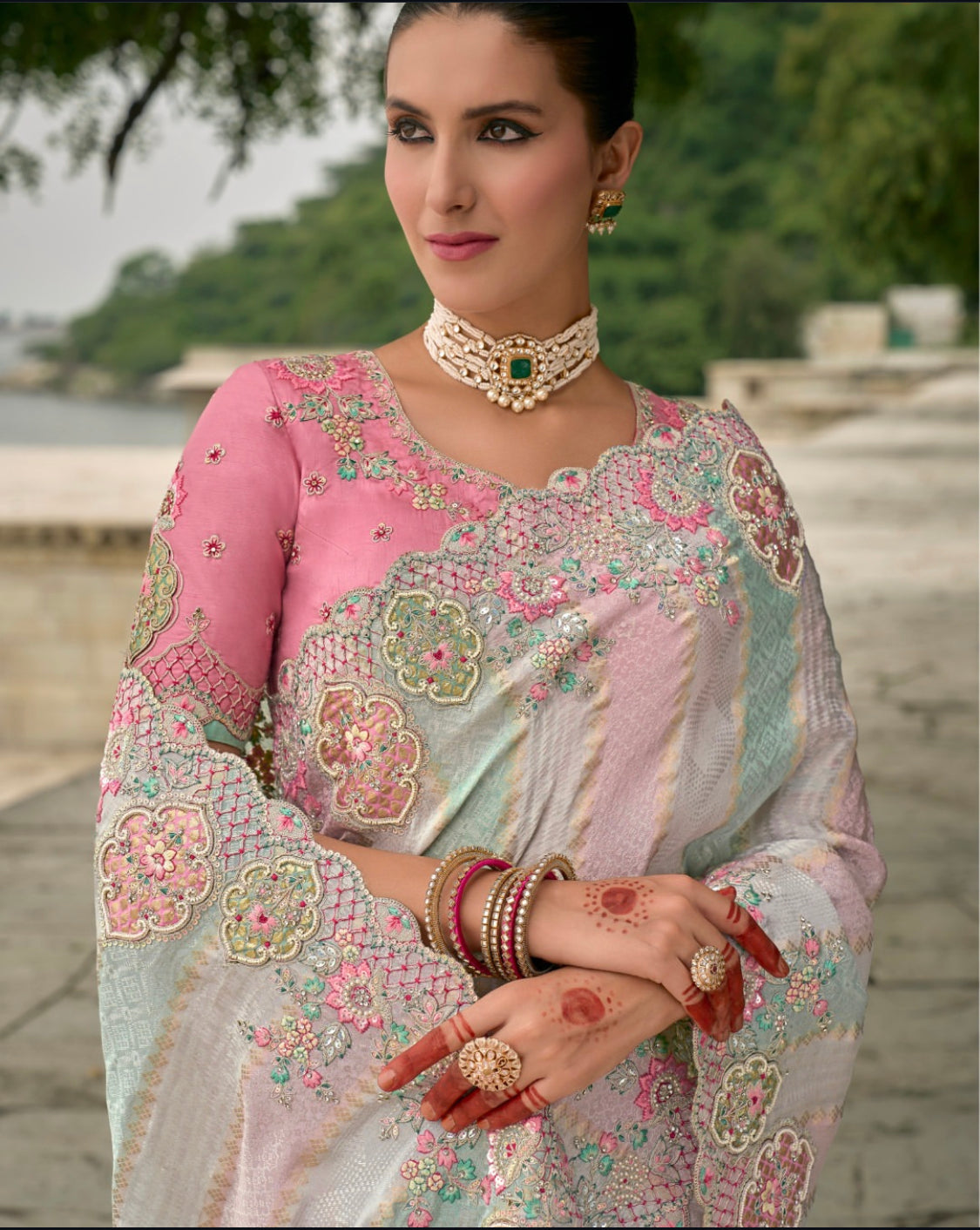 Matrut |  Crown Weaves Powder Pink-blue Saree