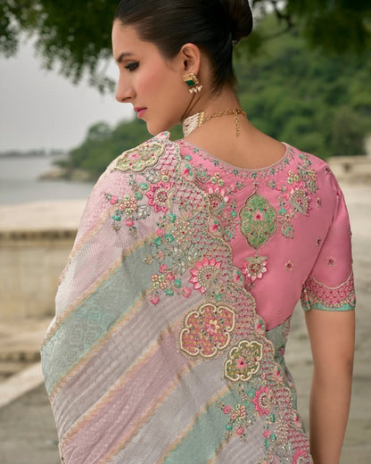Matrut |  Crown Weaves Powder Pink-blue Saree