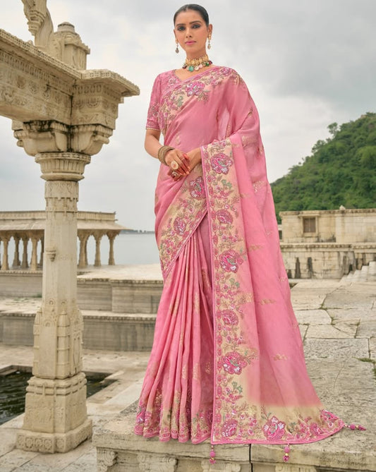 Matrut |  Crown Weaves Powder Pink Saree