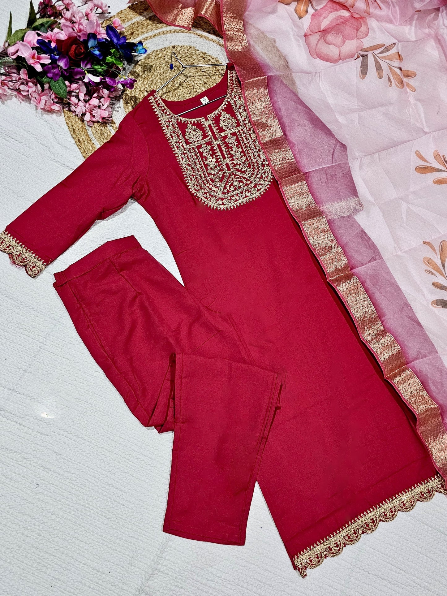 Matrut  | Sugandh Red Straight Suit