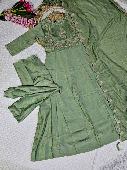 Matrut  | Phoolkari Pista Green Anarkali Suit