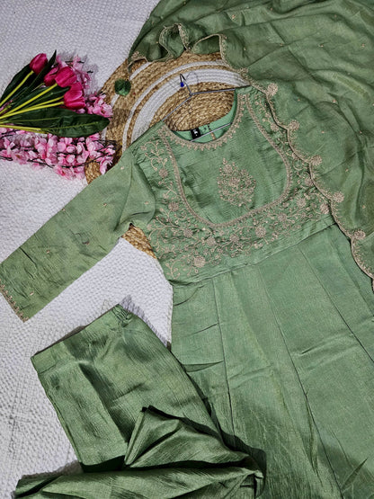 Matrut  | Phoolkari Pista Green Anarkali Suit