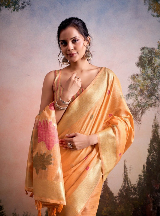 Soloni Peach Linen Silk Saree