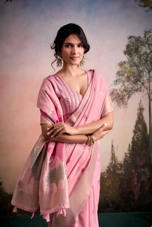Soloni Pink Linen Silk Saree