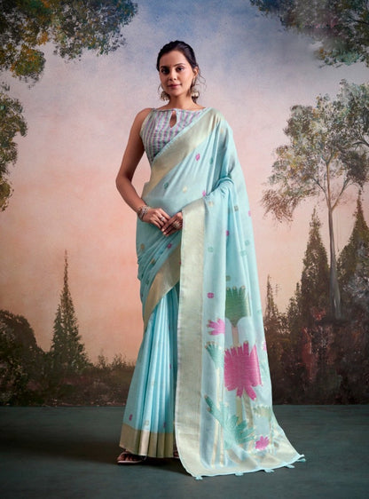 Soloni Blue Linen Silk Saree