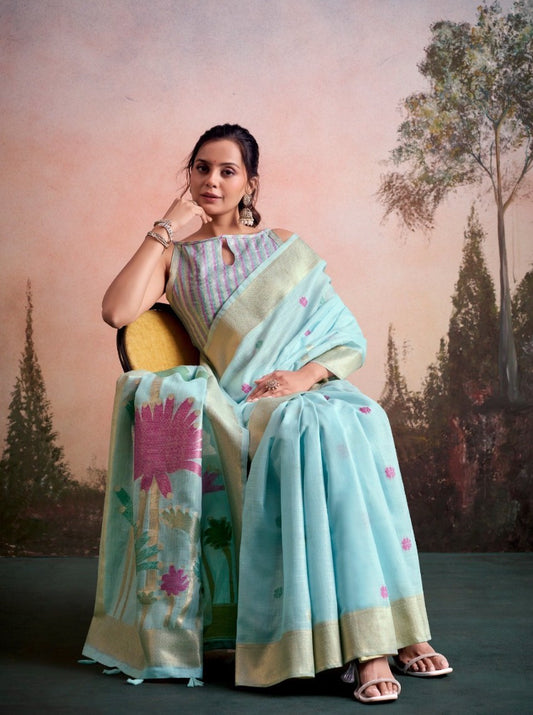 Soloni Blue Linen Silk Saree