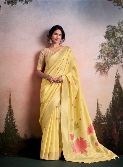 Soloni Yellow Linen Silk Saree