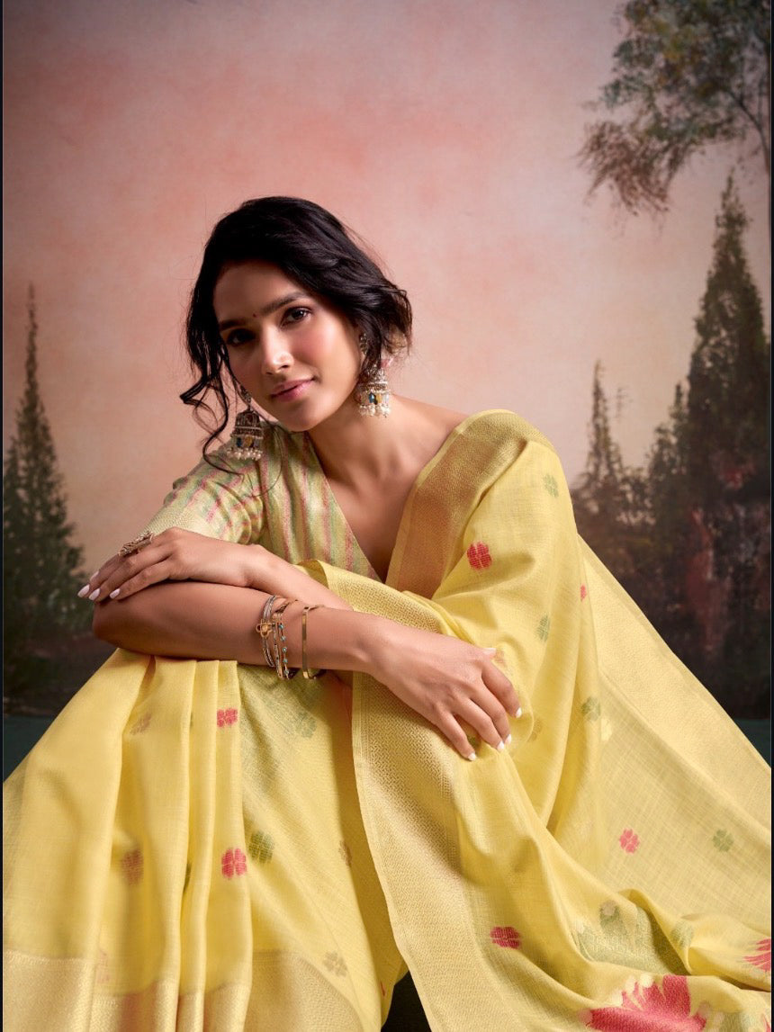 Soloni Yellow Linen Silk Saree