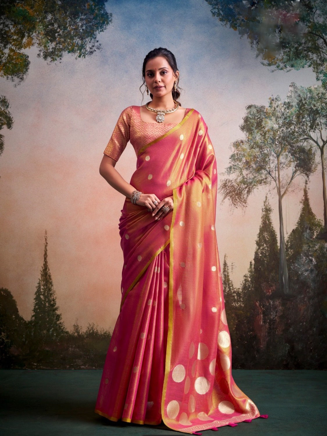 Anvika Pink Tissue Silk Saree