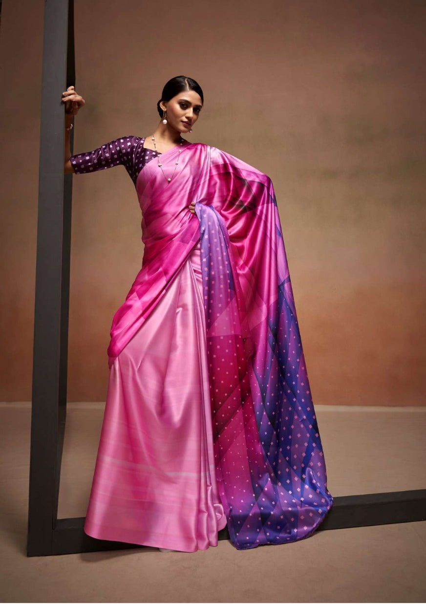 Vogueway Pink Satin Crepe Saree