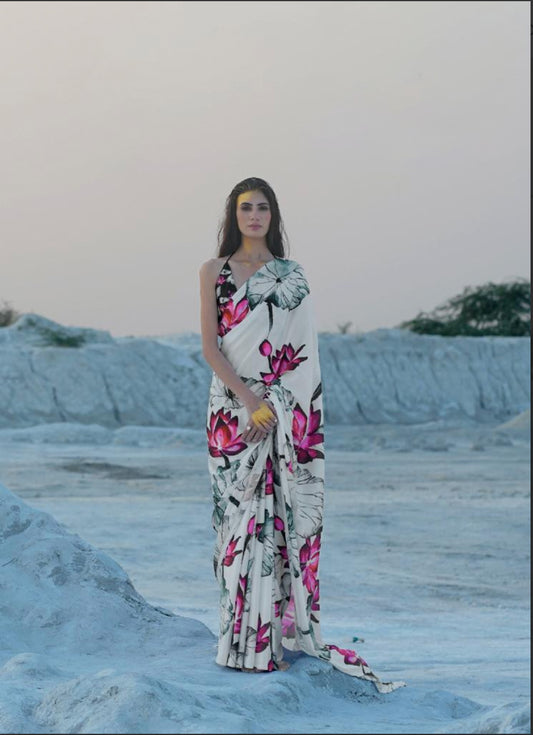 Cover Story White Satin Crepe Saree