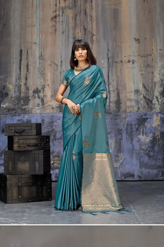 Tigress Blue Satin Silk Saree