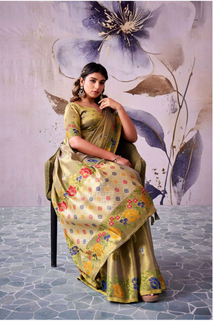 Manan Mehendi Green Tissue Silk Saree