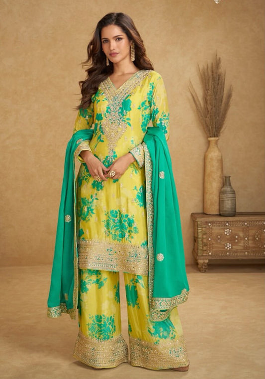 Matrut  | Sofiya Yellow-Firozi Palazzo Suit
