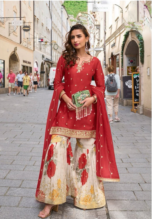 Matrut  | Rashmika Cherry Red Sharara Suit